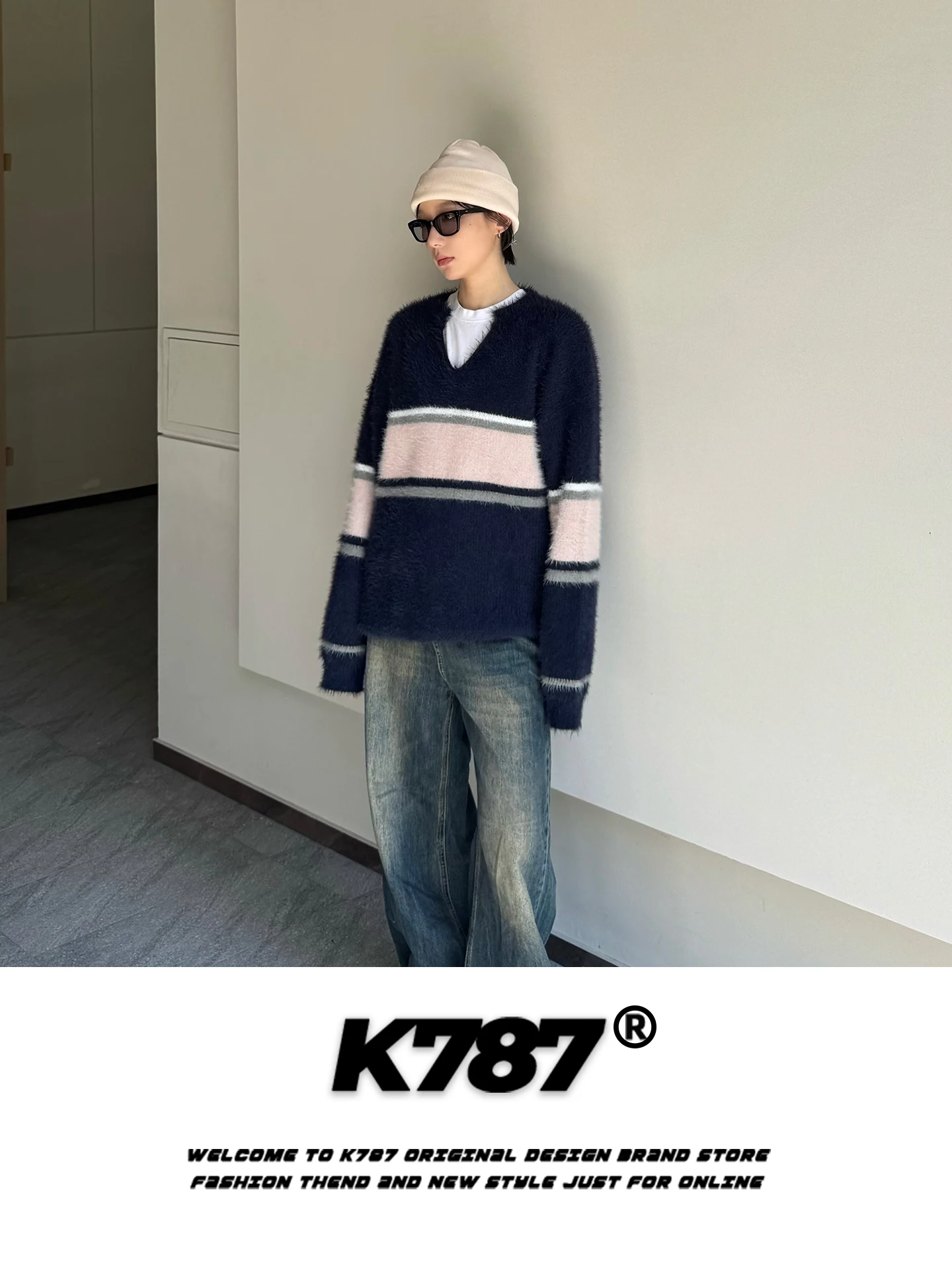 

Американский ретро-свитер с V-образным вырезом из искусственного меха, свободный повседневный мягкий вязаный свитер в уличном стиле для мужчин и женщин