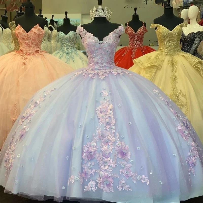 

Sky Blue Off Shoulder Princess Ball Gown Quinceanera Dresses Applique Lace Tull Sweet 15 16 Dress Vestido De Quinceañera