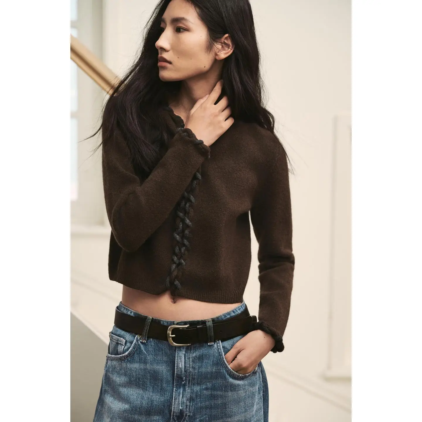 

Вязаный кардиган Laid-ba Sle Jaet с плетеным слоем круглого цвета Ne ort Length Pure Color Autumn Faion Женская верхняя одежда