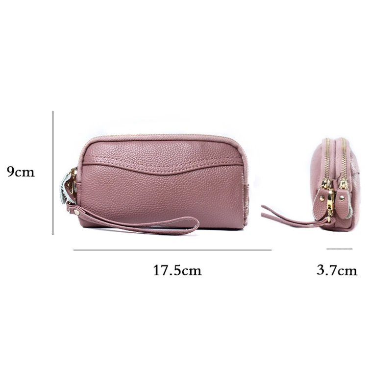 Genuine Leather Women Clutch Bag Double Zipper Handbags Ladies Evening Party Wristlet Clutch Wallet Female Purse