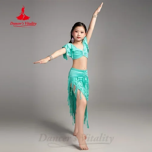 Imagen 2 del producto Traje de danza del vientre para niñas, traje de práctica elegante con borlas, ropa de entrenamiento profesional de danza Oriental para niños