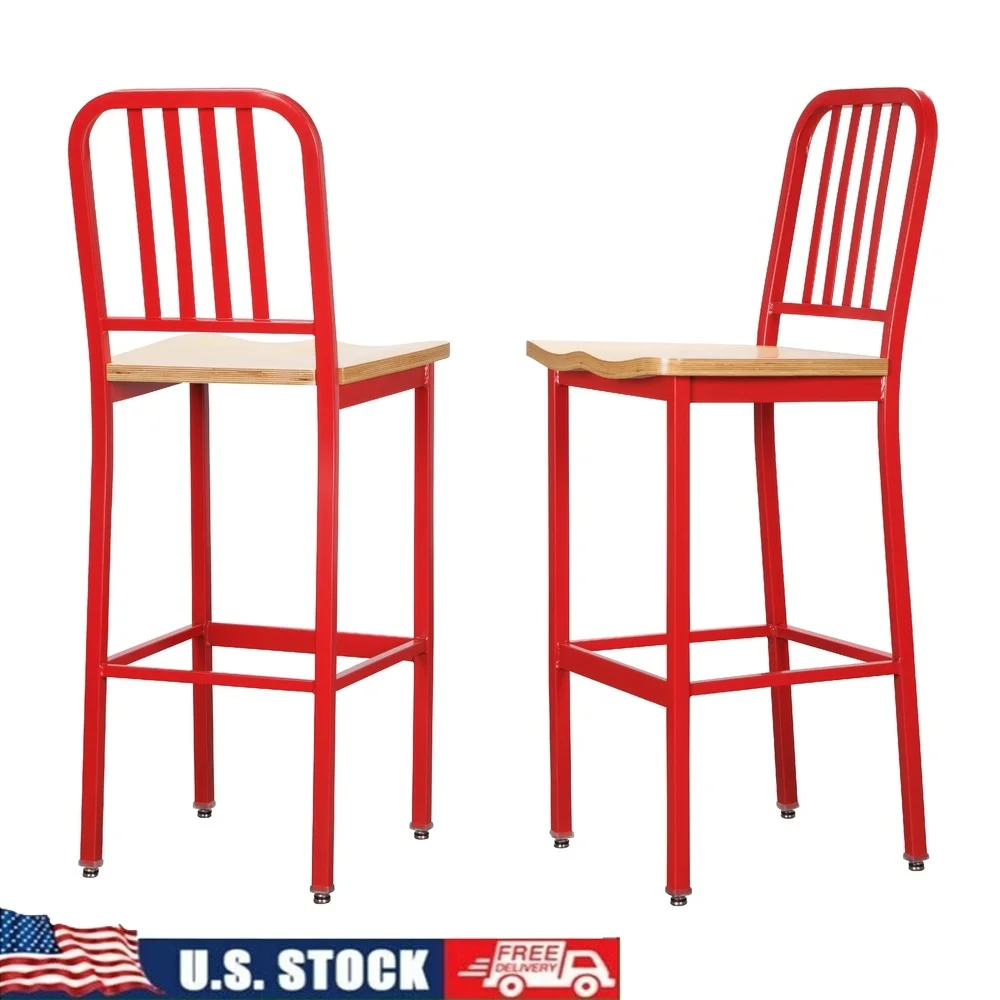 

High Back Metal Bar Stools Set of 2 Retro Café Dining Chairs Beechwood Seat Steel Frame Commercial Grade Kitchen Seating