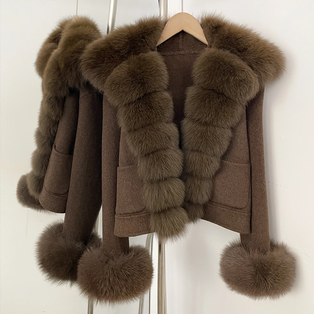 OFTBUY Wollmantel Neue Damen Kurze Doppelseitige Wolljacke mit Echten Fuchsfell-Taschen Luxuriöse Warme Wintermode-Oberbekleidung – Detail 17