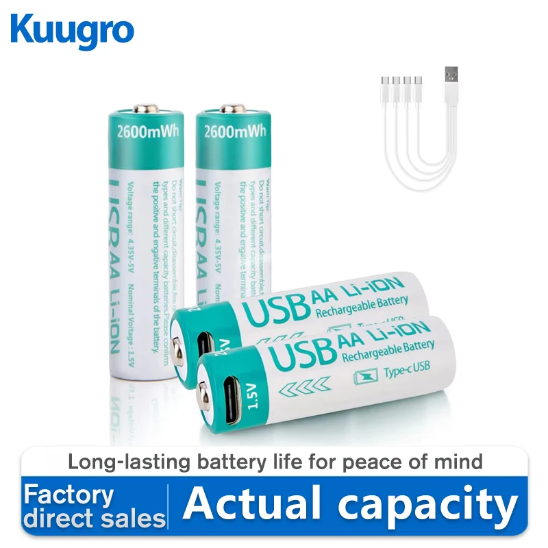 

kuugro USB 1.5V 2600mWh AA Rechargeable Battery Type-C Rechargeable aa Lithium Battery for Remote Control Electric Toys Mouse