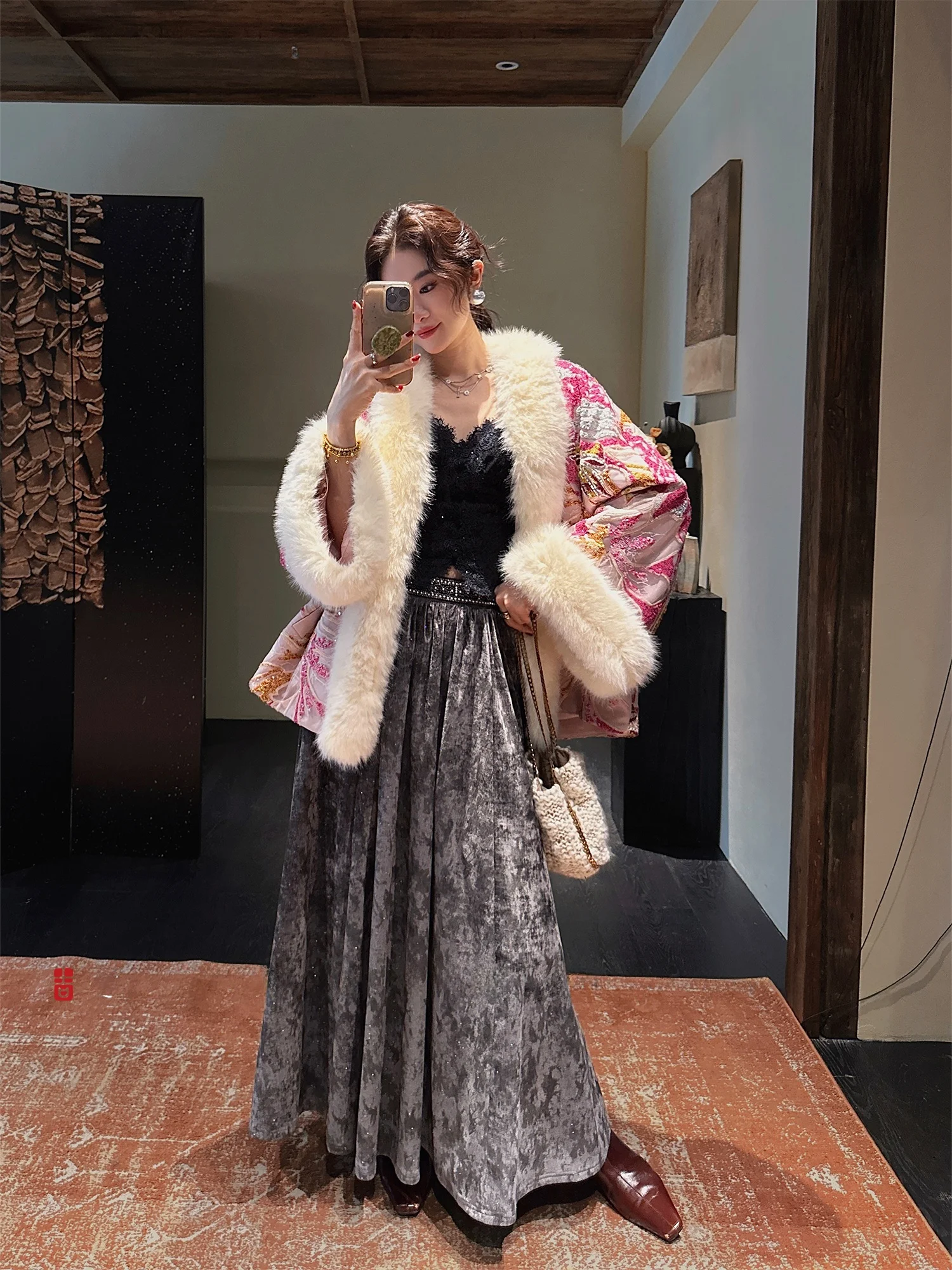 

Потрясающая бархатная юбка А-силуэта с цветочным принтом в китайском стиле, новая модель для женщин, осень-зима