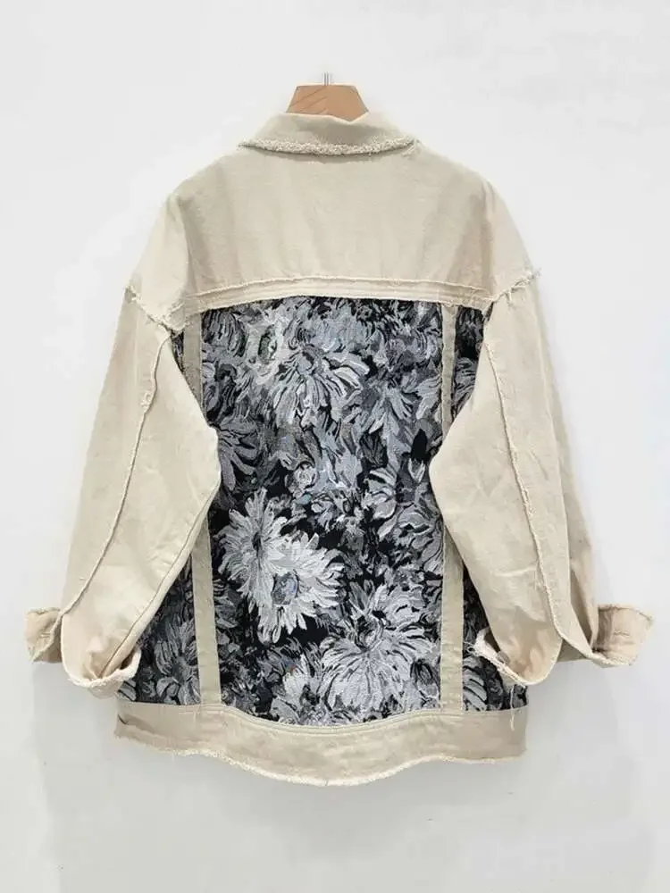 Vintage Trendy Women's Patchwork Print Loose Coat  Summer Fashion Turn-down Collar Long Sleeves Jacket Female