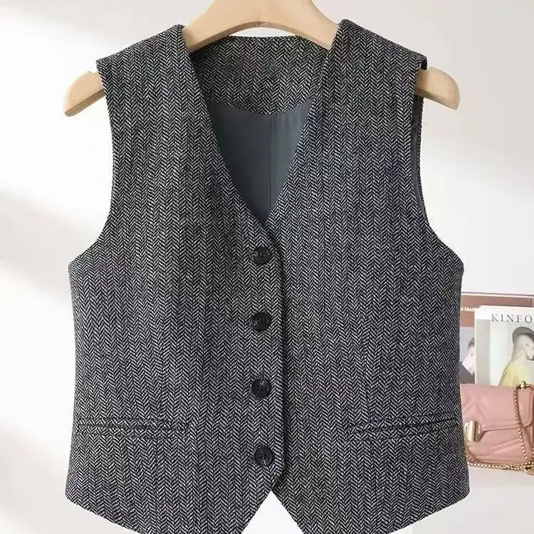 2025 British Style Retro Suits Vests Spring Autumn V-neck Herringbone Pattern Women's Sleeveless Jacket New Blazers Waistcoat
