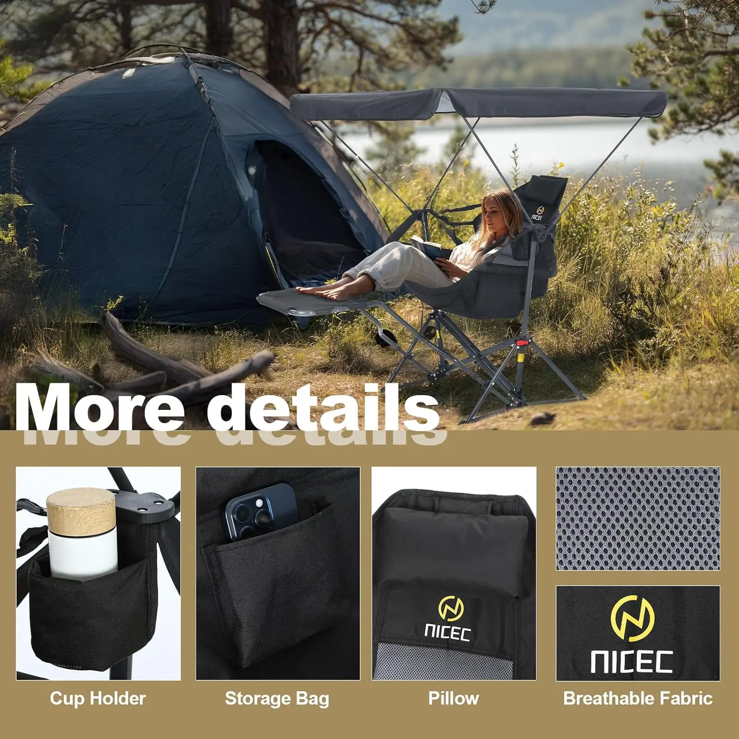 Portable Swinging Hammock Camping Chair with Canopy Shade, Detachable Footrest, Cup Holder and Carry Bag - Folding Rocking Umbrella Chair for Beach, Camping (1 Pack) - view 4