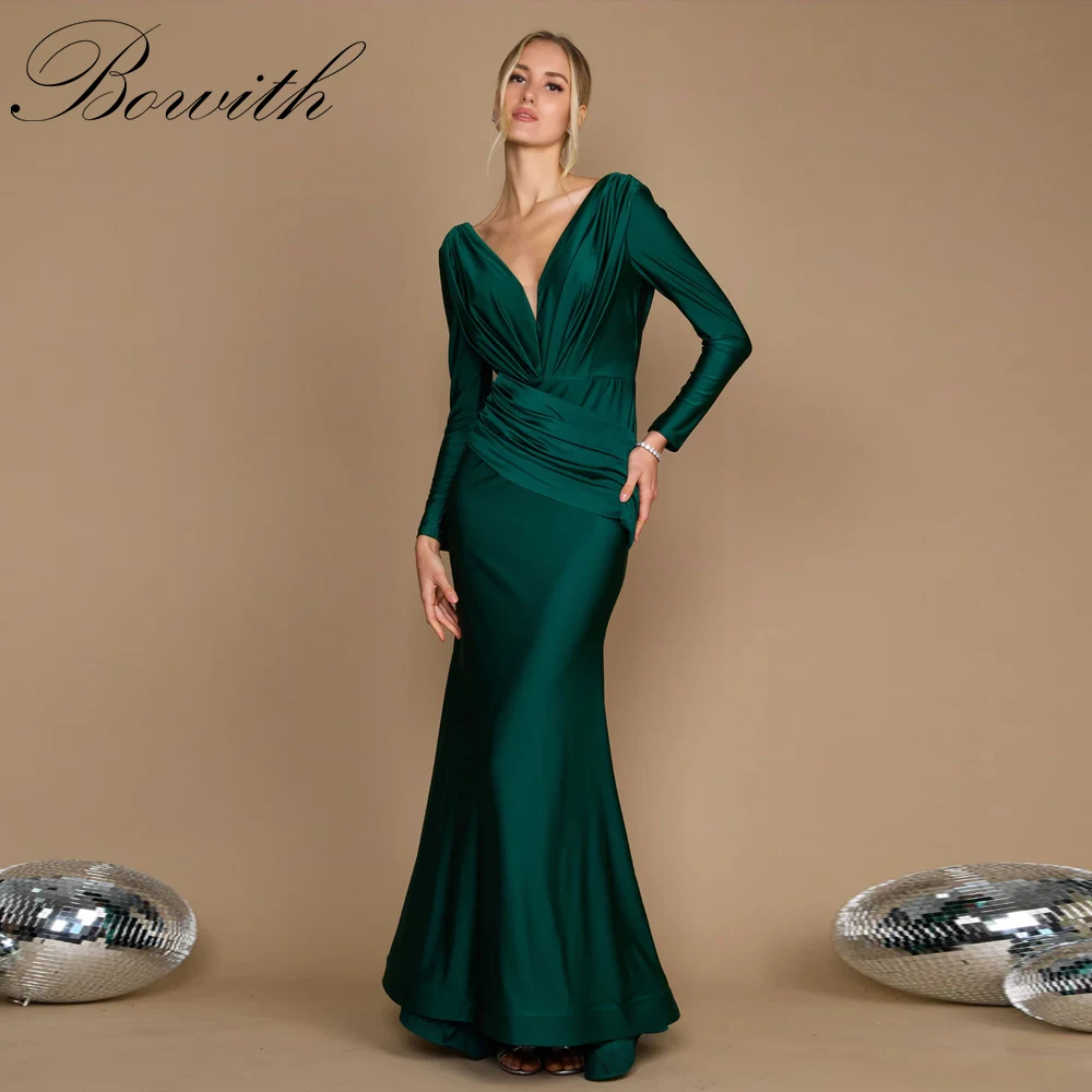

Bowith Mermaid Long Sleeves Evening Dresses Deep V-Neck Satin Party Dresses Customized Prom Dress vestidos de fiesta