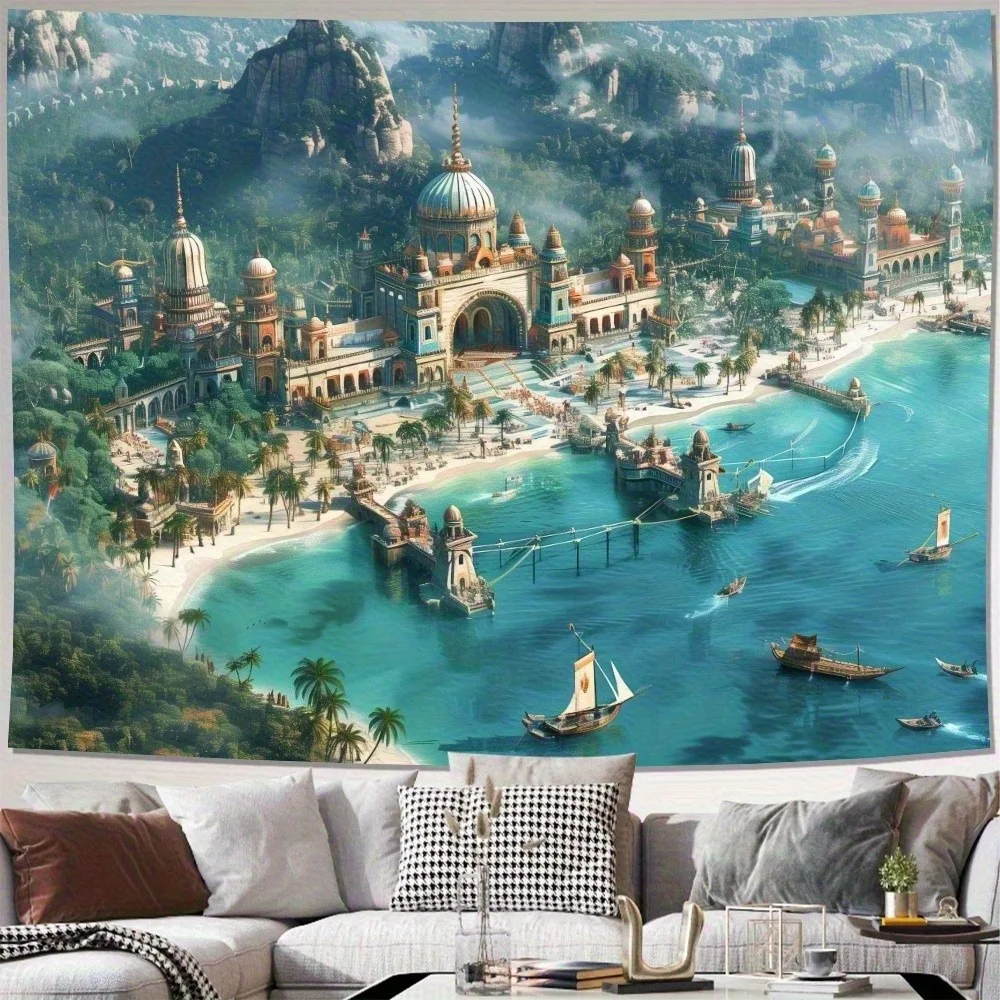 1pc Fantasy Castle Tapestry Ancient City Ocean View Wall Hanging Art Decor for Bedroom Living Room School Start Season Gift