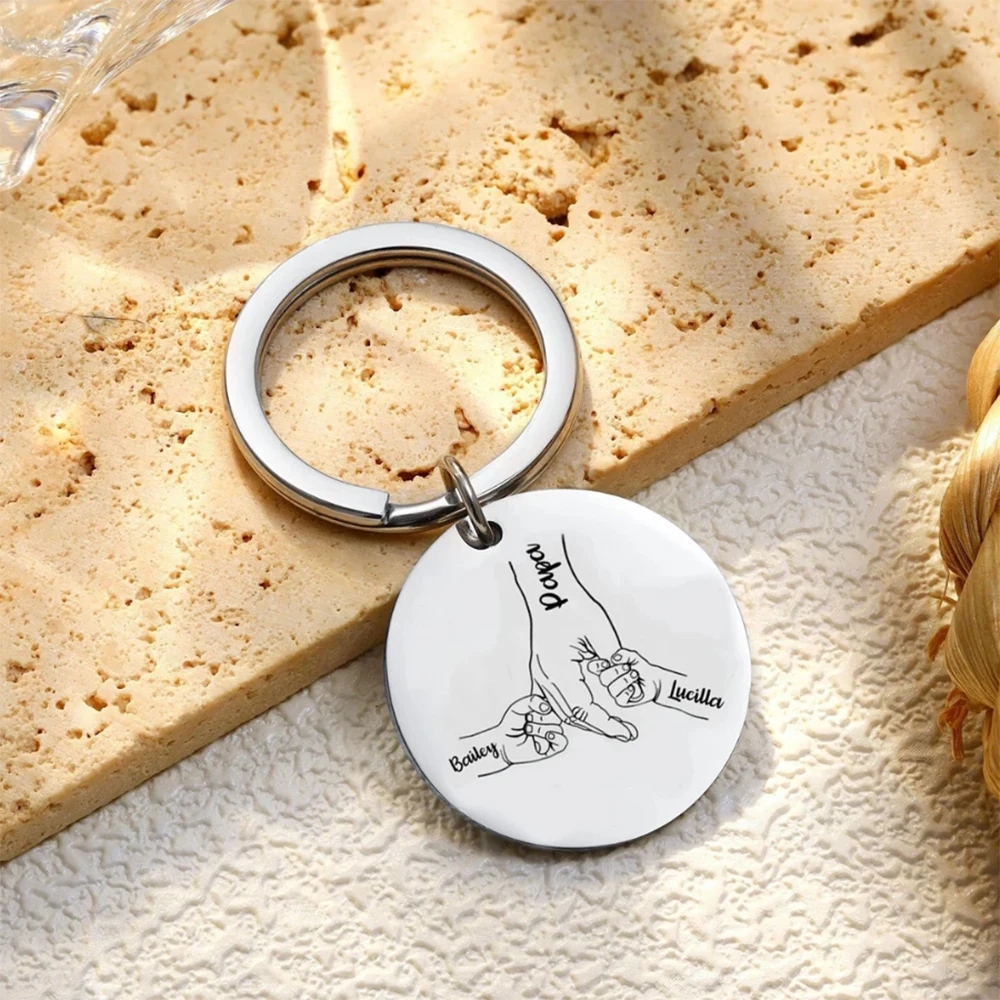 Personalized Round Keychain, Big Hands Holding Small Hands, Customized Child, Wife Name, Father's Day Gift, A Gift For Dad