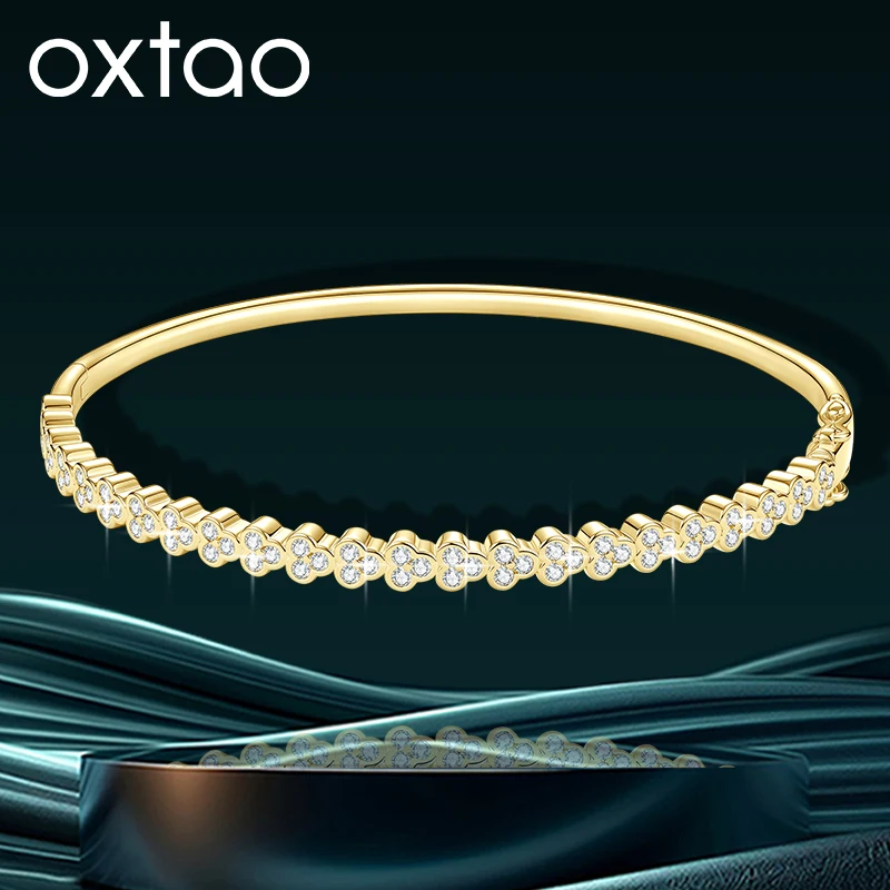OXTAO Certified Moissanite Flower Bangle D VVS1 For Women Minimalist 14K Gold Filled Lab Imitation Diamond Party Wedding Jewelry