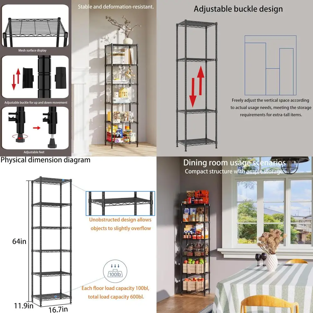 

Регулируемая 6-ярусная стальная проволочная полка для хранения, для прачечной, кухни или кладовой (16,7 длины x 11,9 ширины x 64 высоты, черная)