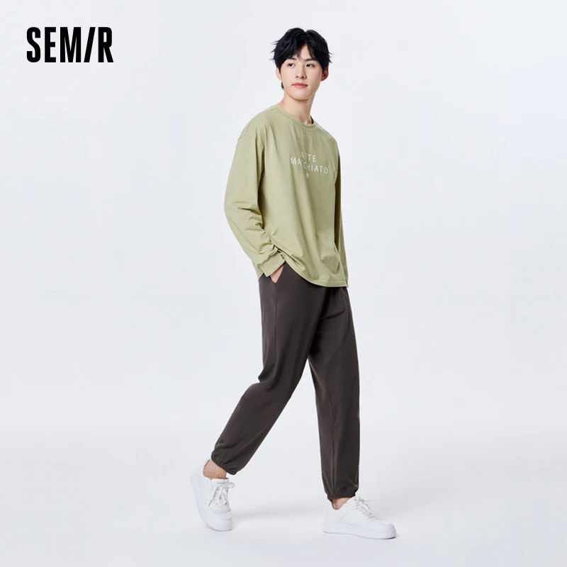 Semir Home Clothing Set Men Loose Skin-Friendly Comfortable Contrast Color Round Neck Top Elasticized Ankle Pants