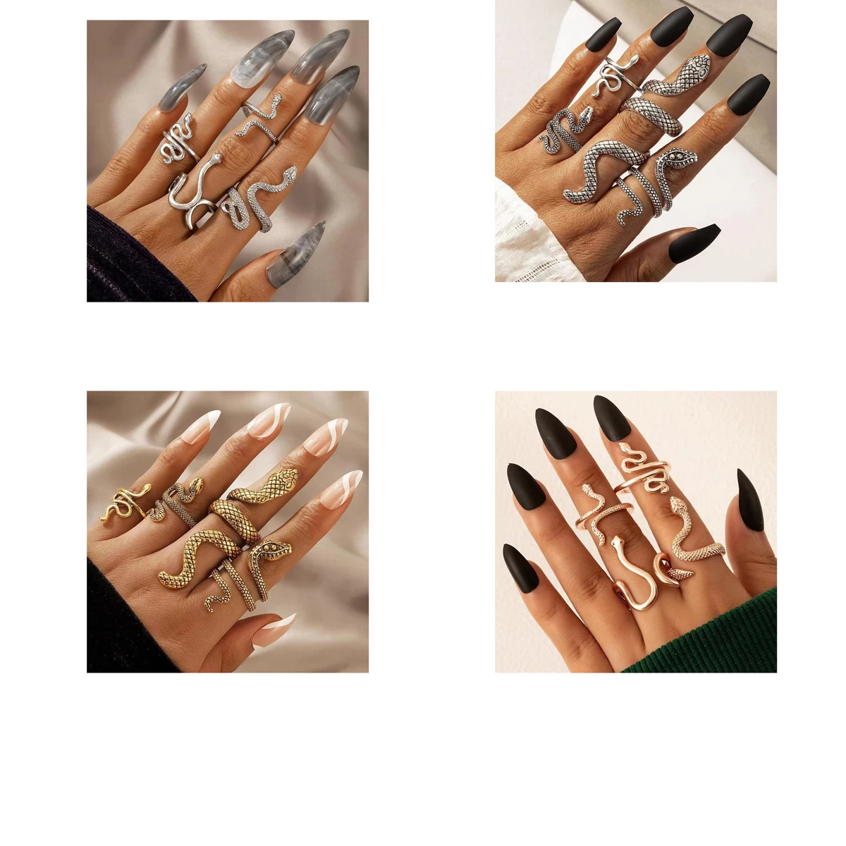 4 Piece Alloy Irregular Snake Shaped Opening Animal Ring Set Fashionable Women's Hip-Hop Combination Ring Set