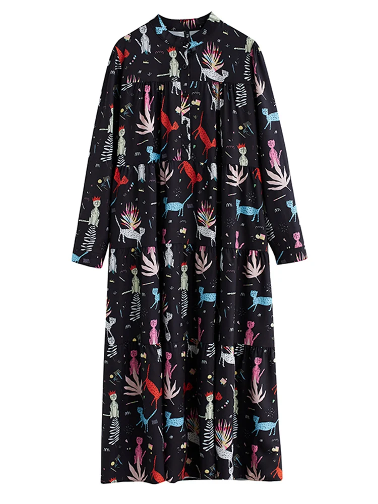 Long Sleeve Vintage Print Dresses For Women Loose Casual Shirt Long Dress Vestidos Fashion Elegant Clothing Spring Autumn 2025