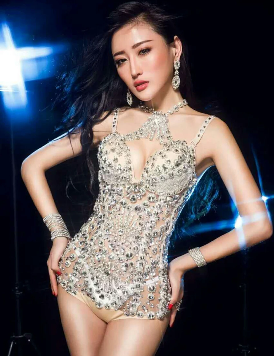 Sexy Crystals nude Strip Bodysuit Sparkly Crystal rompers women jumpsuit Female Singer Nightclub Wedding Stage Leotard Costume