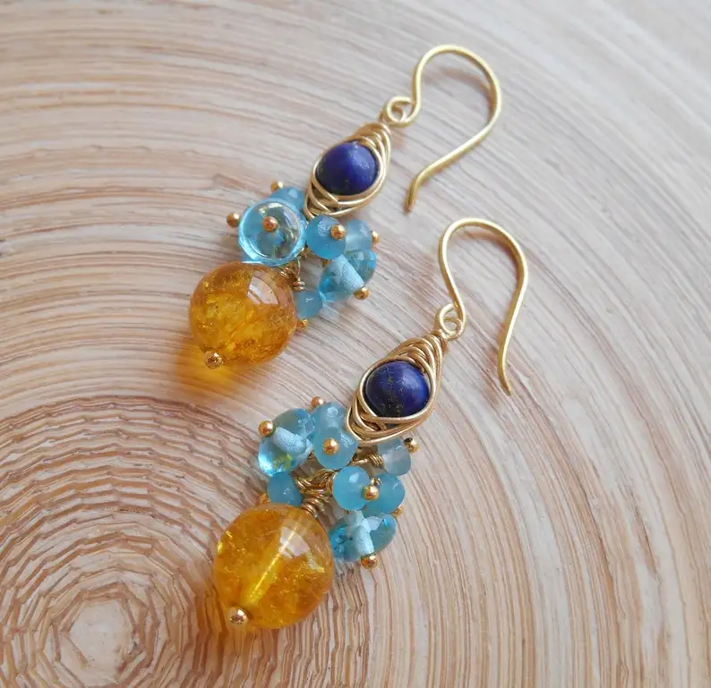 Roxanne الأحجار الكريمة العنقودية أقراط الأصفر الأزرق الداكن سلك التفاف استرخى قطرة سيترين اللازورد اليشم الذهب ملء نوفمبر