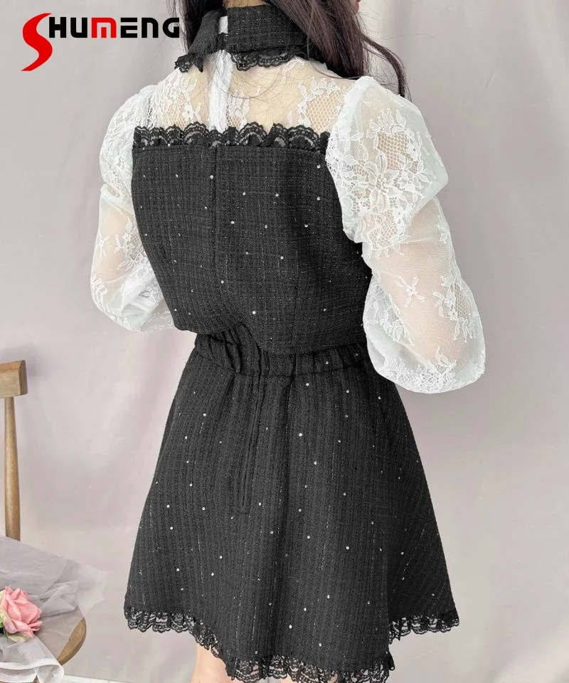 Japanese Style Lolita Shirt Ladies Clothing 2024 Spring New Flying Sleeve Slim Tweed Fake Two Lace Stitching Shirts for Women