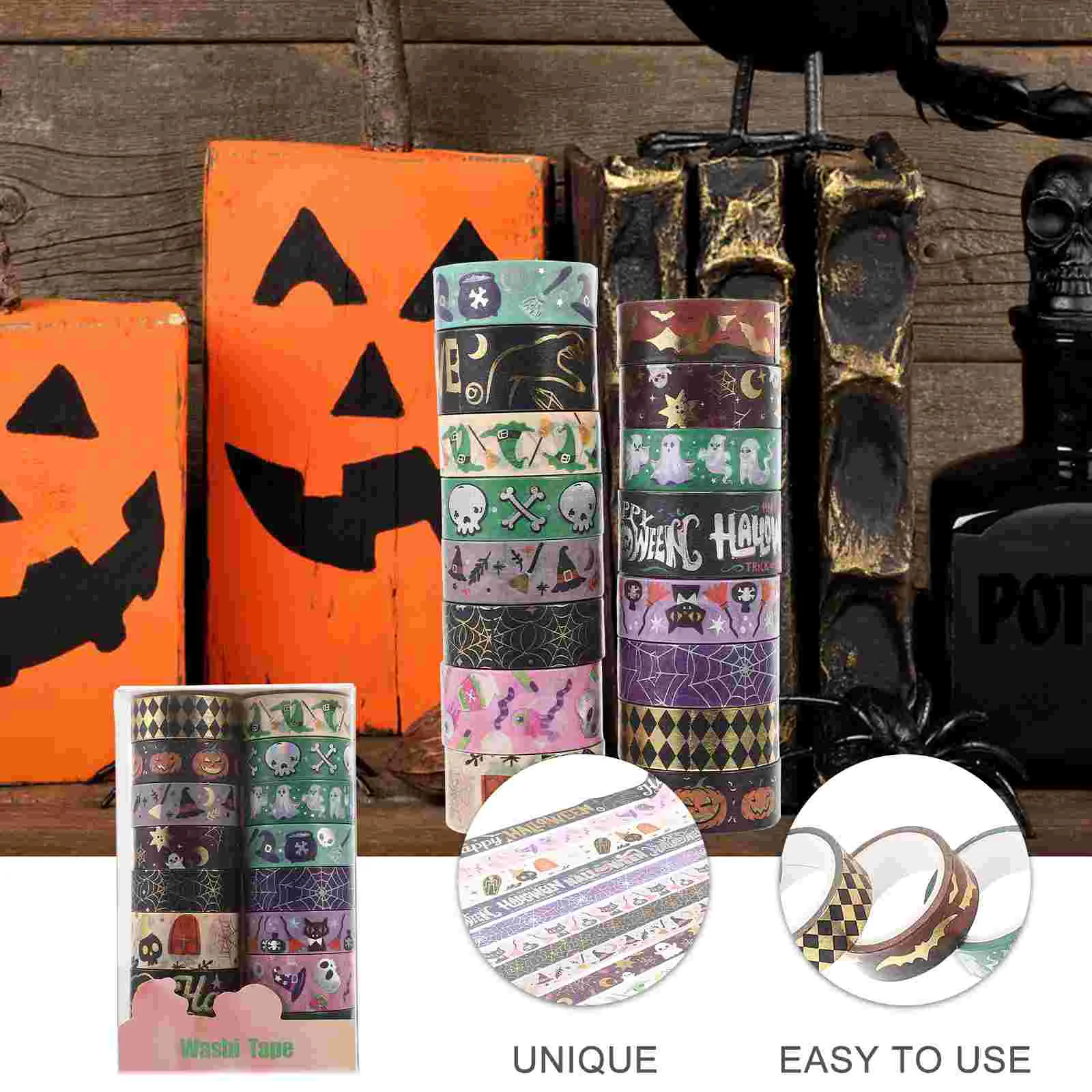 16 rollos de cinta Washi bonita con estampado en caliente con temática de Halloween y Collage de lámina plateada decorativa (16 uds) cintas navideñas de papel japonés