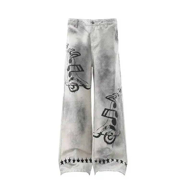 White Men's Wide Leg Jeans European Casual Music Note Print Star Hem Tie Dye Wash Minimalist Baggy Street Style Denim P1FJS