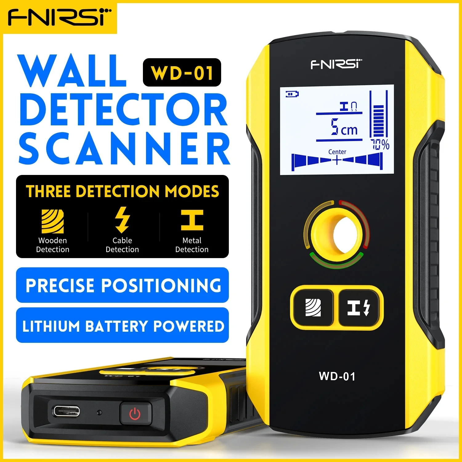 

FNIRSI WD-01 Metal Detector Wall Scanner with Newly Designed Positioning Hole for AC Live Cable Wires Metal Wood Stud Find