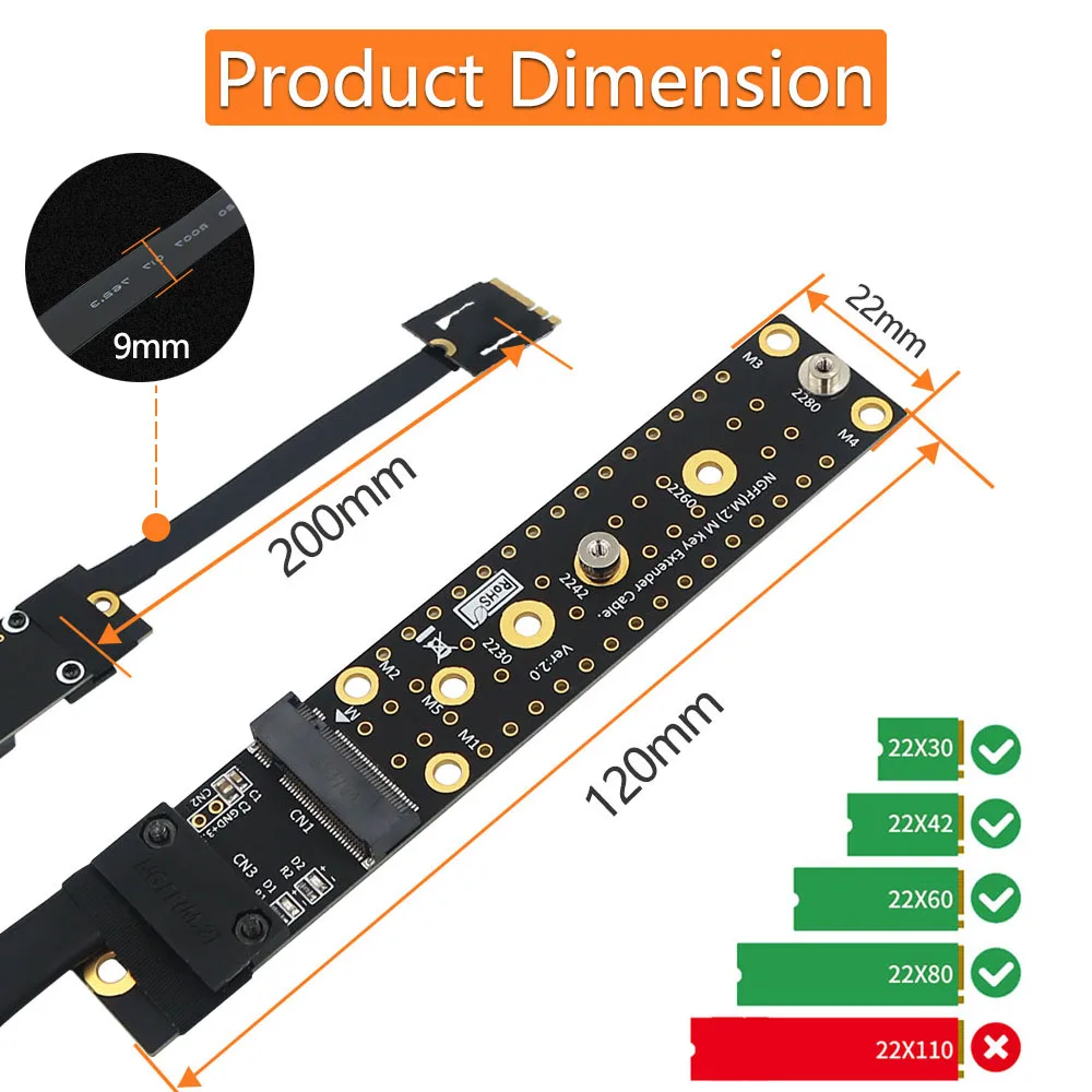 NGFF M.2 Key A/E Male To M.2 NVME Key M Female Converter Board Adapter Riser with Cable Support 2230 2242 2260 2280 M.2 NVME SSD