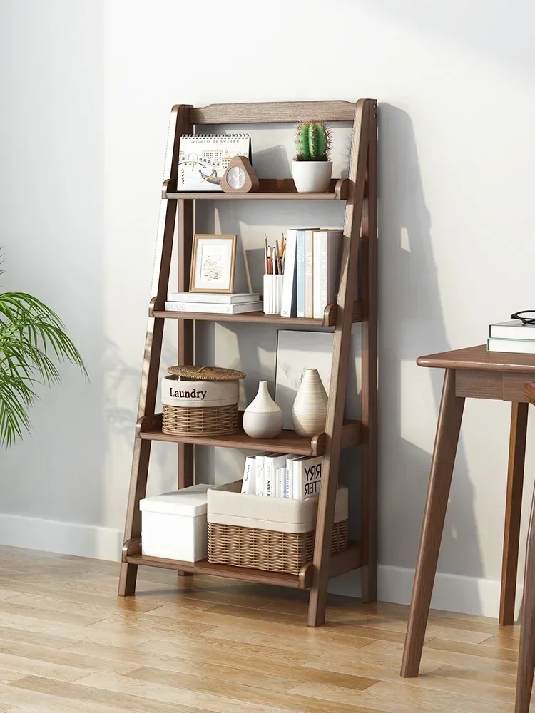 Solid wood bookshelf, floor to floor trapezoidal shelf, home storage, simple multi-layer student shelf