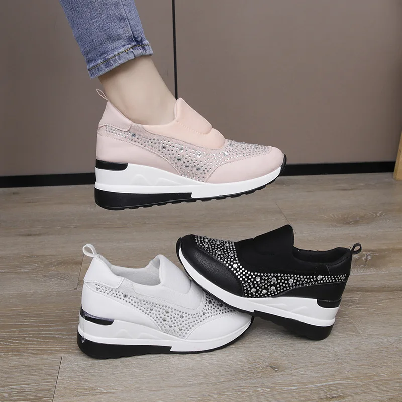 Plus Size 35-43 Shoes for Women Autumn Fashion Women Platform Flats Loafers Slip on Wedges Rhinestone Sneakers Zapatos De Mujer