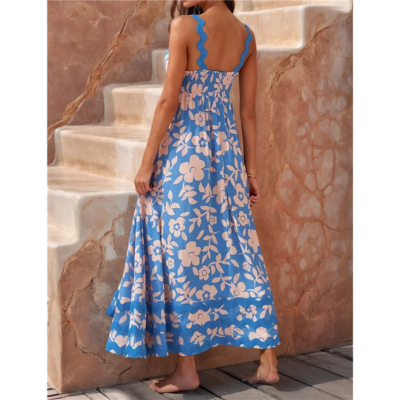 Women's Summer Boho Spaghetti Strap Square Neck Ruffle Casual Flowy Long Dress Beach Swing Party Maxi Dress