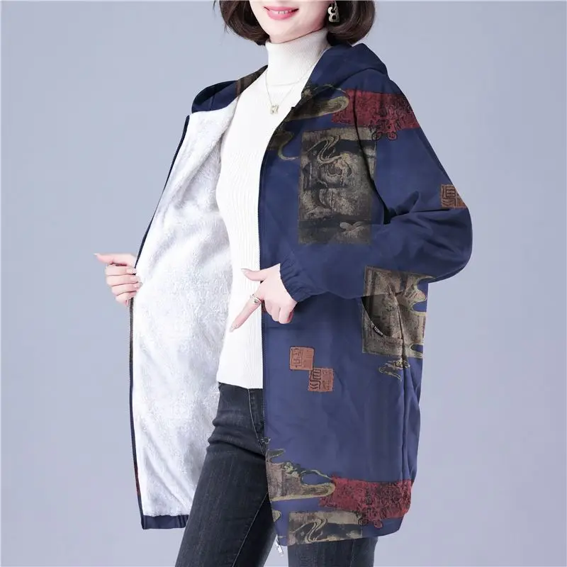 

Женское пальто больших размеров с флисовой подкладкой и цветочным принтом, средней длины, осенне-зимнее, свободного кроя, в стиле Mom, с капюшоном, класса люкс