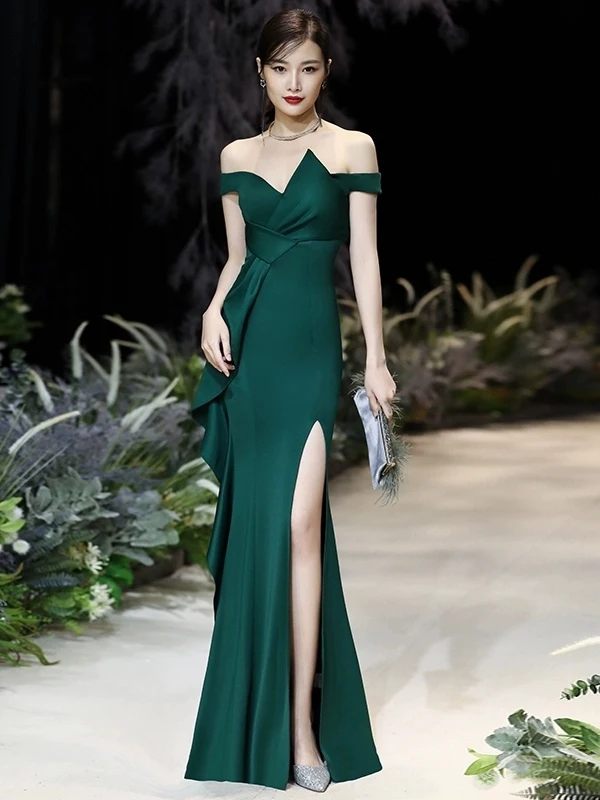 

Sexy Strapl Long Evening Gown with Side Slit And Tail Design for Par Korean Sle mid Waist Floor Length No Sve