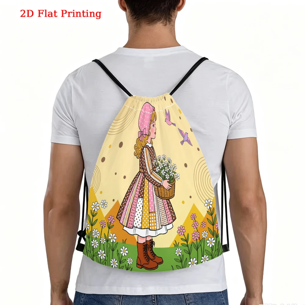 Girl Holding Flower Basket Drawstring Backpack, Travel Shoe Bag, Fitness Sports Backpack, Outdoor