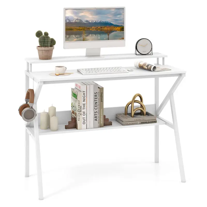 Modern Computer Desk With Monitor Stand And Storage Shelves, Compact Home Office Writing Table For Small Spaces, Apartment, White Finish