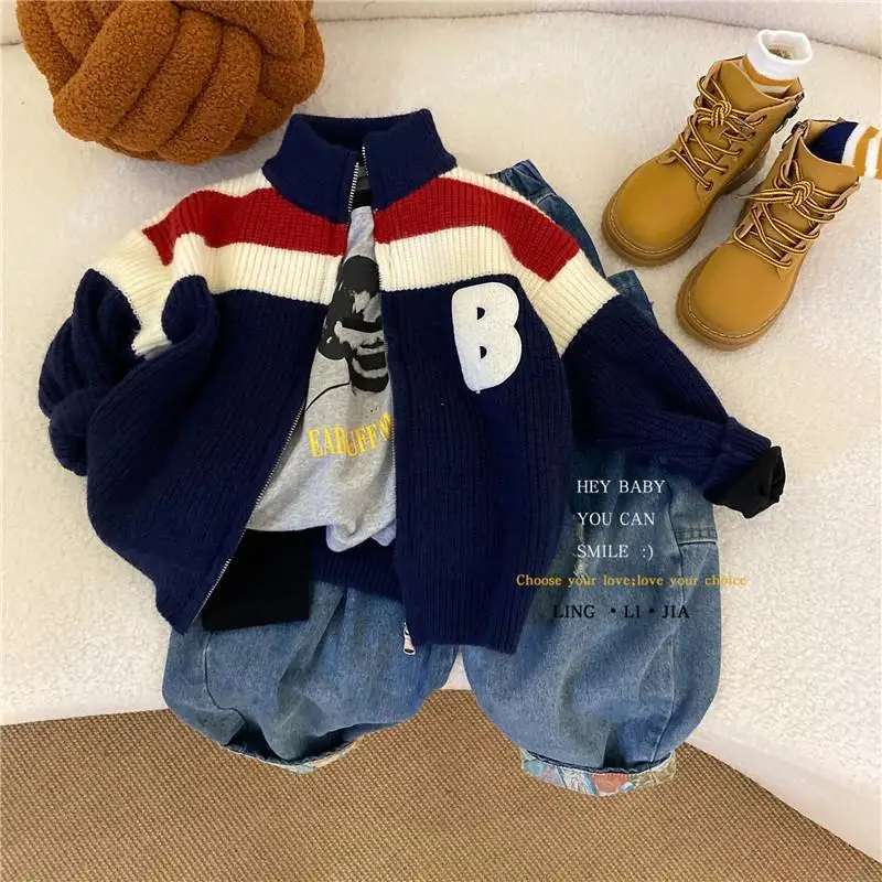 

Children's Sweater Coat Korean Spring and Autumn Boys' Standing Neck Zipper Sweater Cardigan Girls' Baby Knitted Coat
