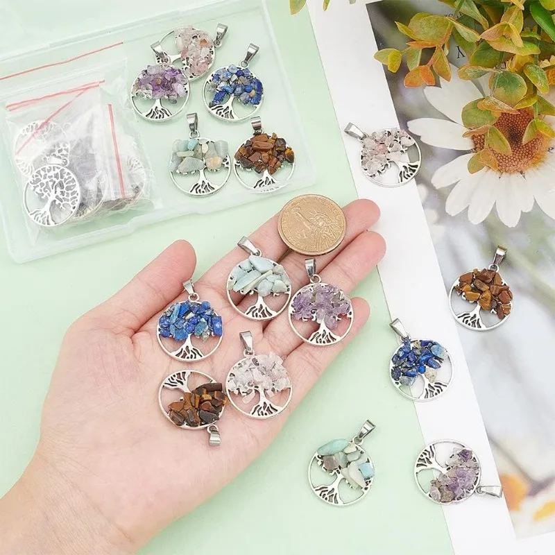 20 Pcs Tree of Life Pendant Charms 5 Styles Natural Mixed Chip Stone Pendants Flat Round with Life Tree Charm Pendants for Neckl