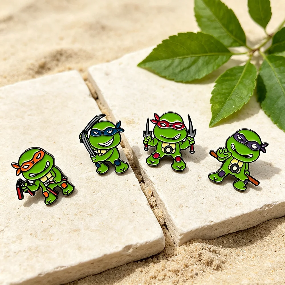 4Pcs Green Turtle Warrior Cartoon Lapel Pins Set