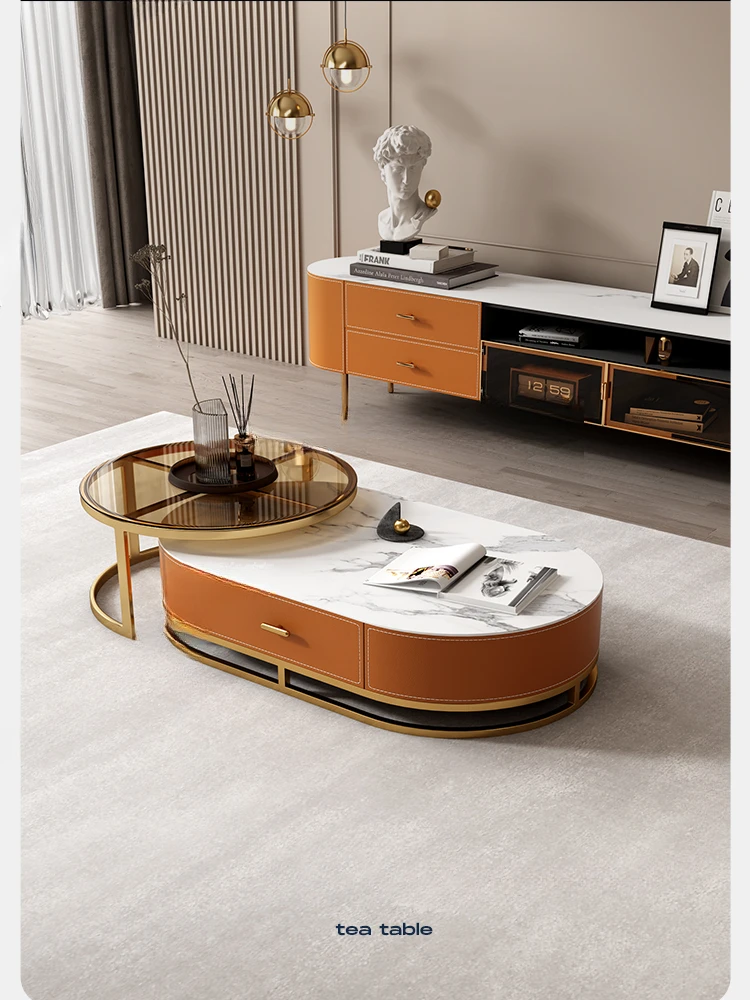 Light Luxury Modern Living Room Small Apartment TV Cabinet Unit Saddle Leather Stone Plate Telescopic Tea Table