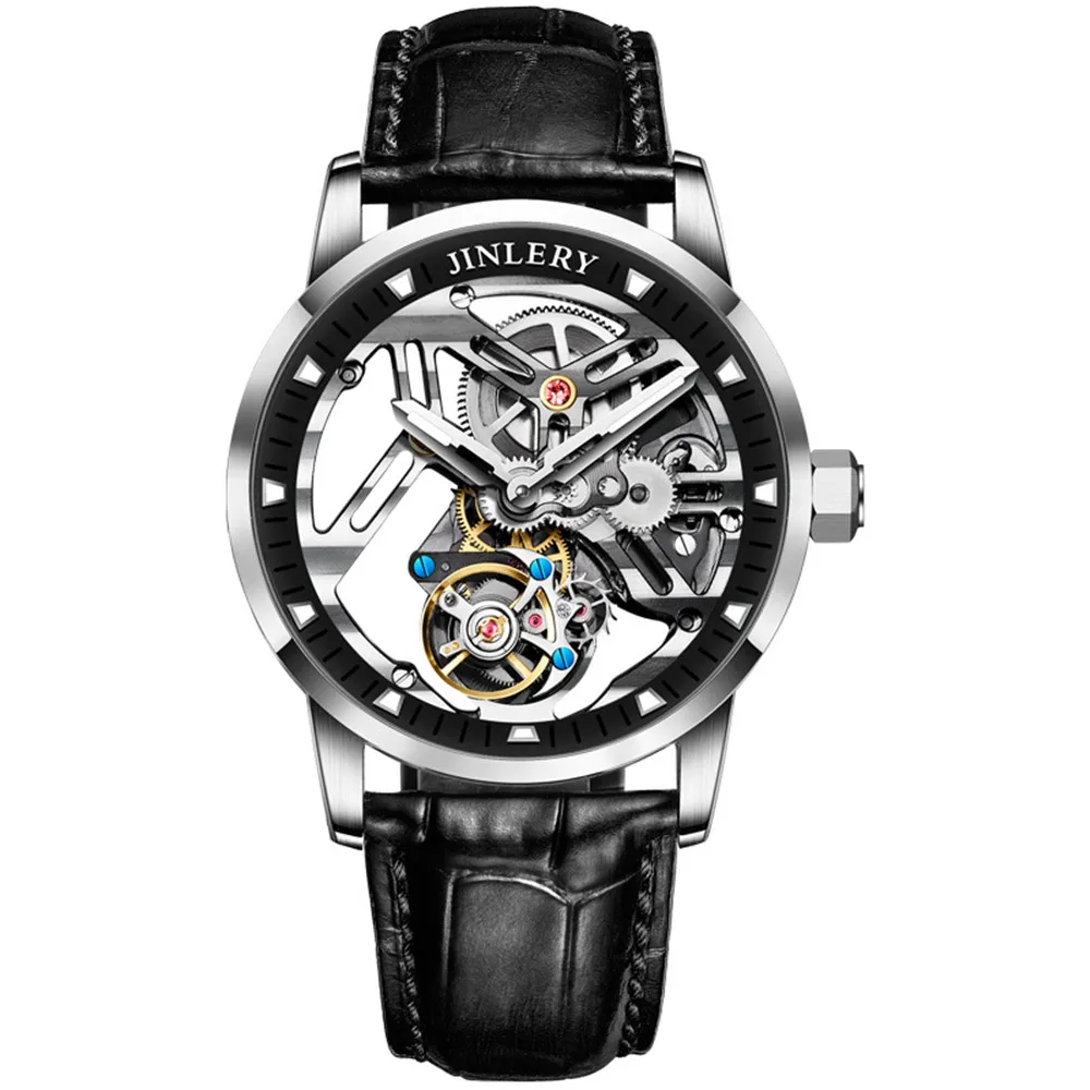 

JINLERY Real Tourbillon Mechanical Hand Wind Watch Men Stainless Steel Waterproof Luminous Sapphire Crystal Skeleton Wristwatch