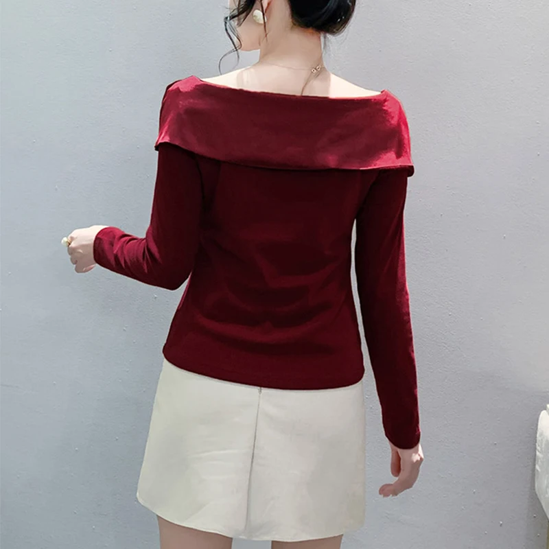 2025,New European Clothes Fall Winter T-Shirt Chic Sexy Off Collar Shiny Beading Patchwork Women's Tops Long Sleeve Tees 49010