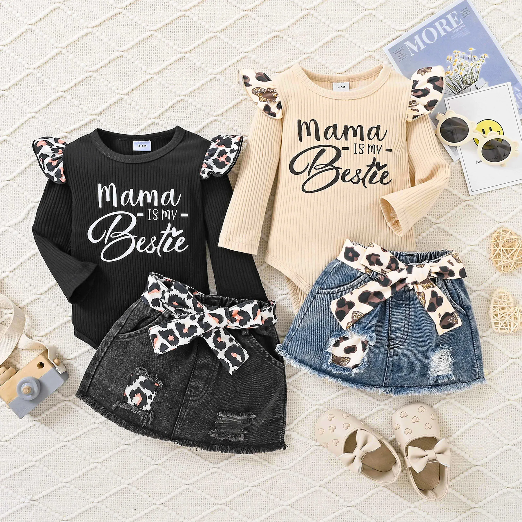 PatPat 3pcs Baby Girl 100% Cotton Leopard Print Belted Ripped Denim Skirt and Letter Print Rib Knit Long-sleeve Romper