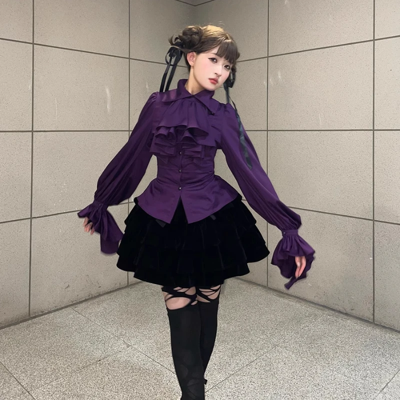 ロリータ甘いフレアスリーブブラウス Y2k 美的フリルファッションシャツトップス女性原宿シングルブレストヴィンテージ Blusas