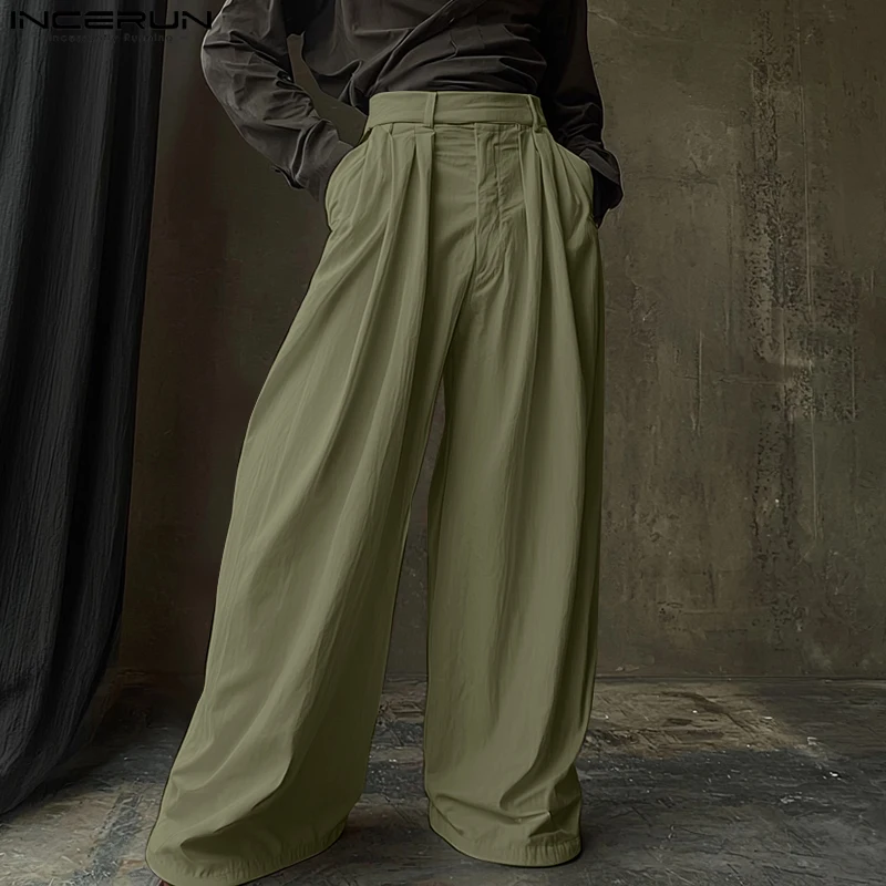 

INCERUN Men Pants Solid Color Pleated Joggers Loose Casual Trousers Men Streetwear 2025 Oversize Fashion Wide Leg Pants S-5XL