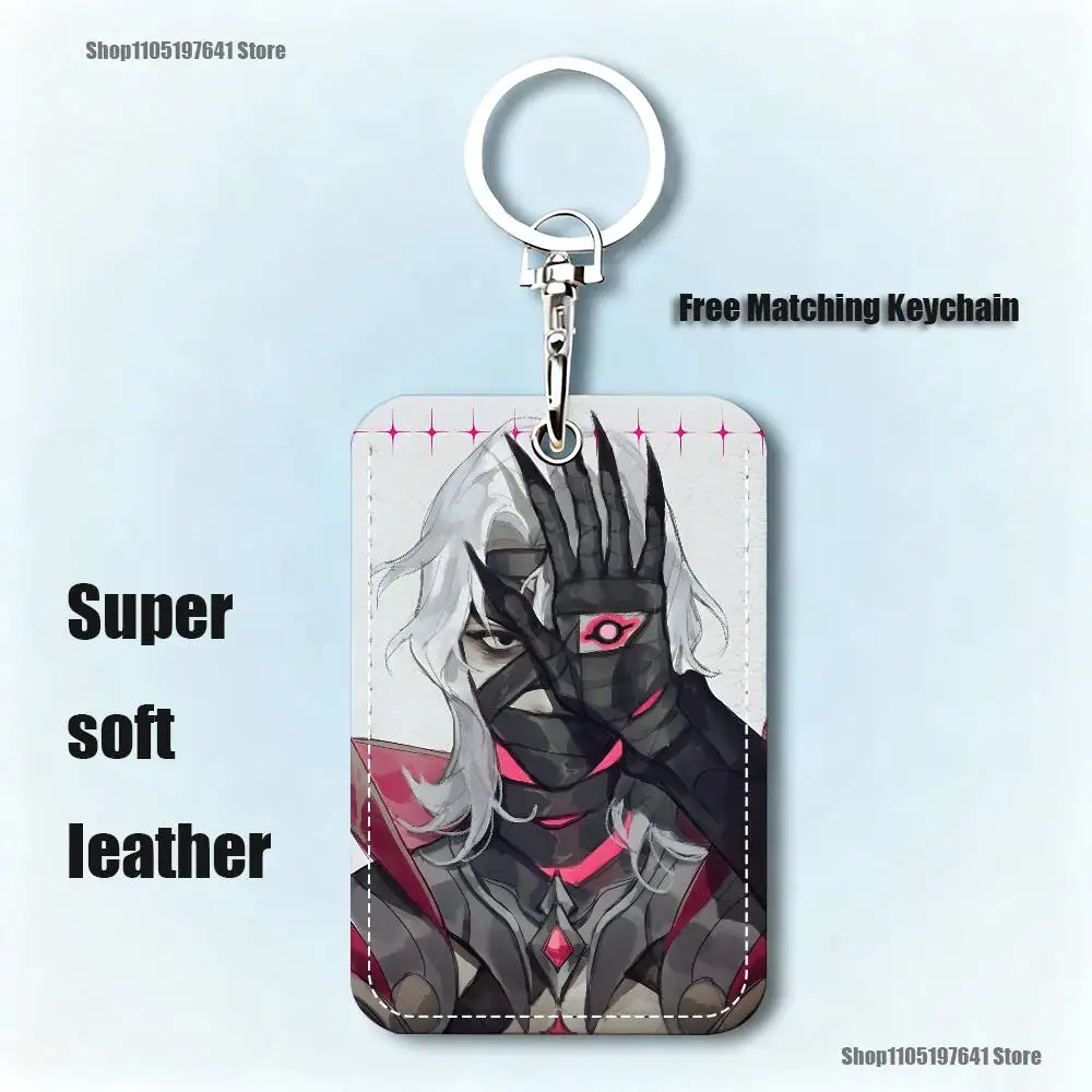 G-Genshin Rerir Pattern 1Pc PU Leather Card Holder Keychain Key Ring Door Lock Access Tags ID Card Case Keychain Card