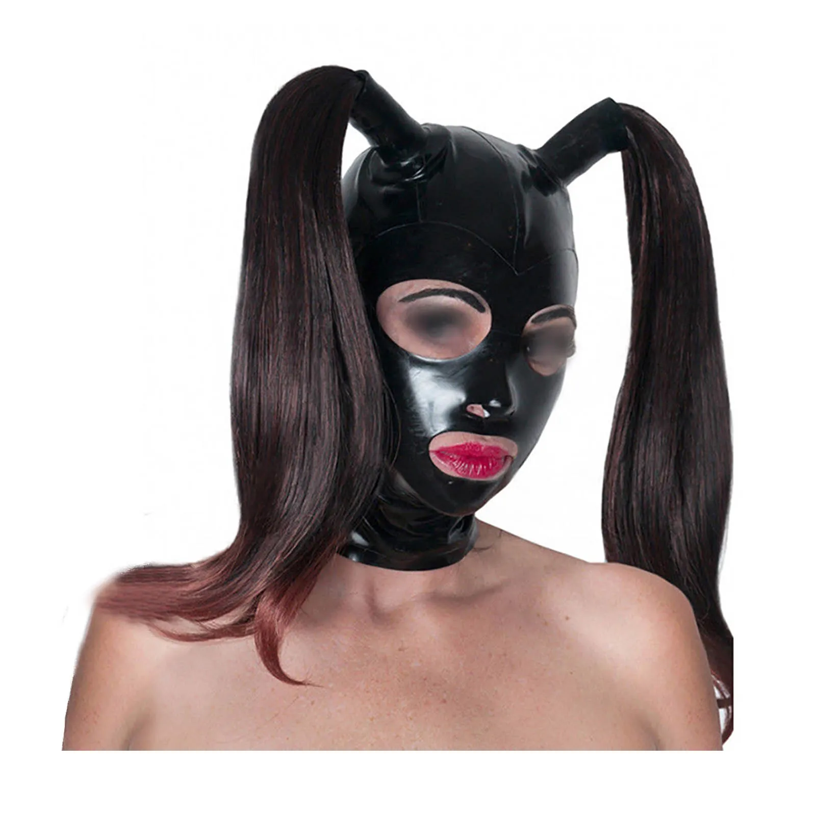 

MONNIK Full Cover Latex Fashion Hood Rubber Two Ponytails Tubes Mask with Rear Zipper Handmade for Catsuit Cosplay Party Wear