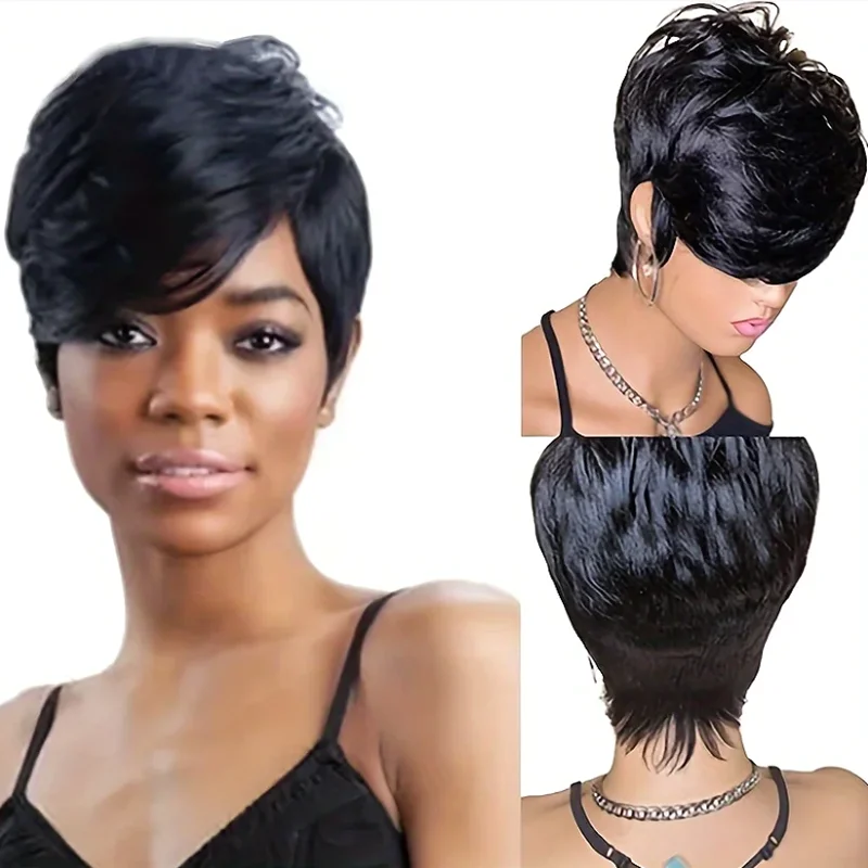 6inch natural black color daily party use 150% density remy hair wig short straight wig pixie cut human hair wig for women