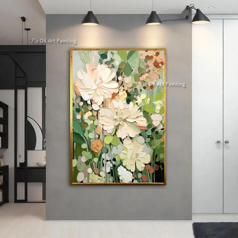 Handmade Spring Flowers Artwork Green Beige Florals Field Canvas Thick Oil Painting Light Green White Flower Wall Art For Decor
