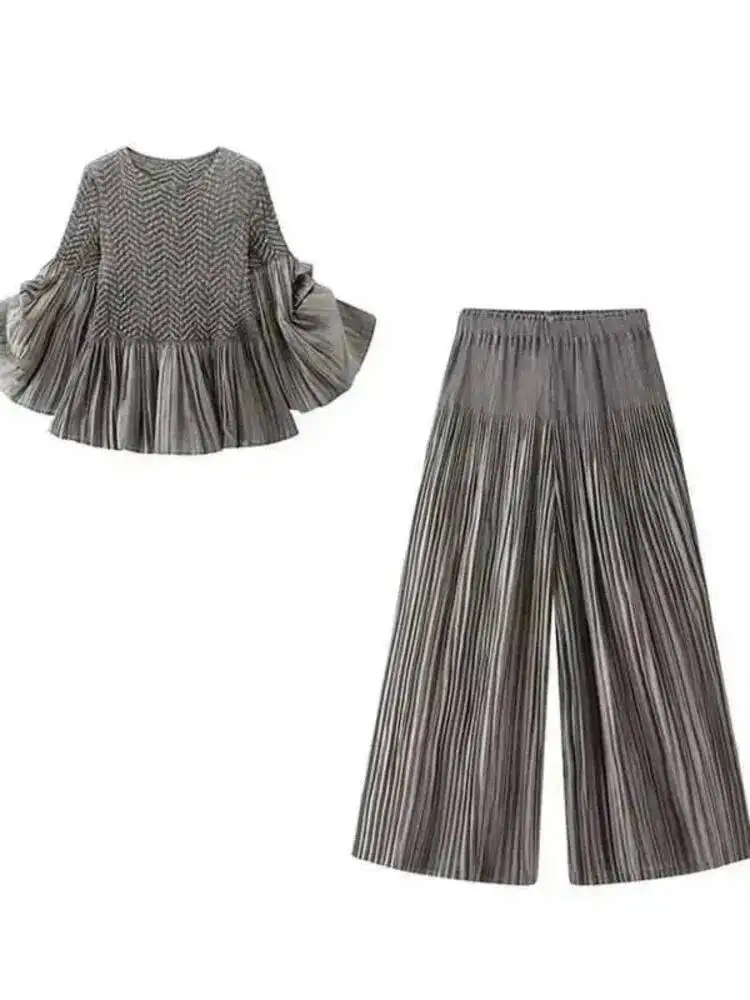 Fashion Pleated Two Piece Sets Women Solid Color Short Sleeve Loose Top Elastic Waist Pants New  2026 Spring 17SDGFZ
