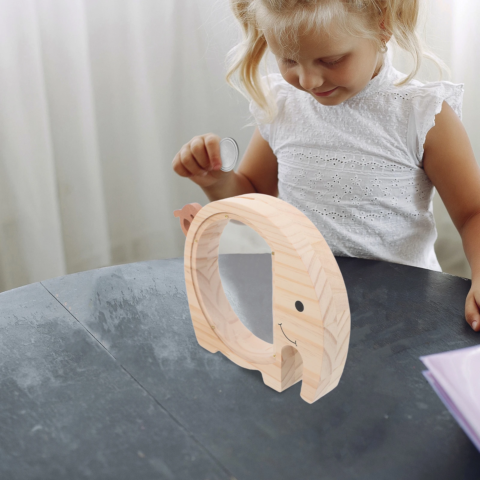 Drewniany skarbonka dla dzieci w kształcie słonia, przezroczysty pojemnik na monety, kreatywna skarbonka, uroczy zwierzęcy wystrój pokoju, skarbonka dla dzieci.