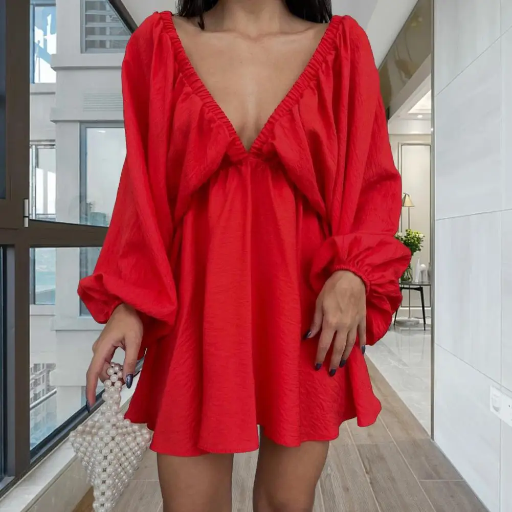 

Women Party Dress Solid Color V-neck Long Sleeve Beach Dress Low-cut Above Knee Length Dress-up Lantern Sleeves Prom Dress